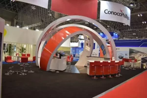 ConocoPhillips exhibition stand with branded panels and seats.