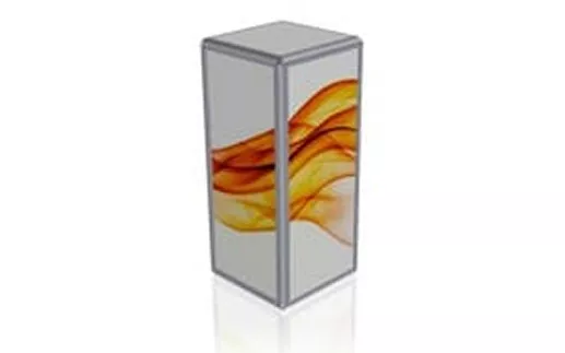 A tall, rectangular box with a sleek design is shown featuring an abstract orange wave pattern on its sides, conveying a modern and dynamic aesthetic.