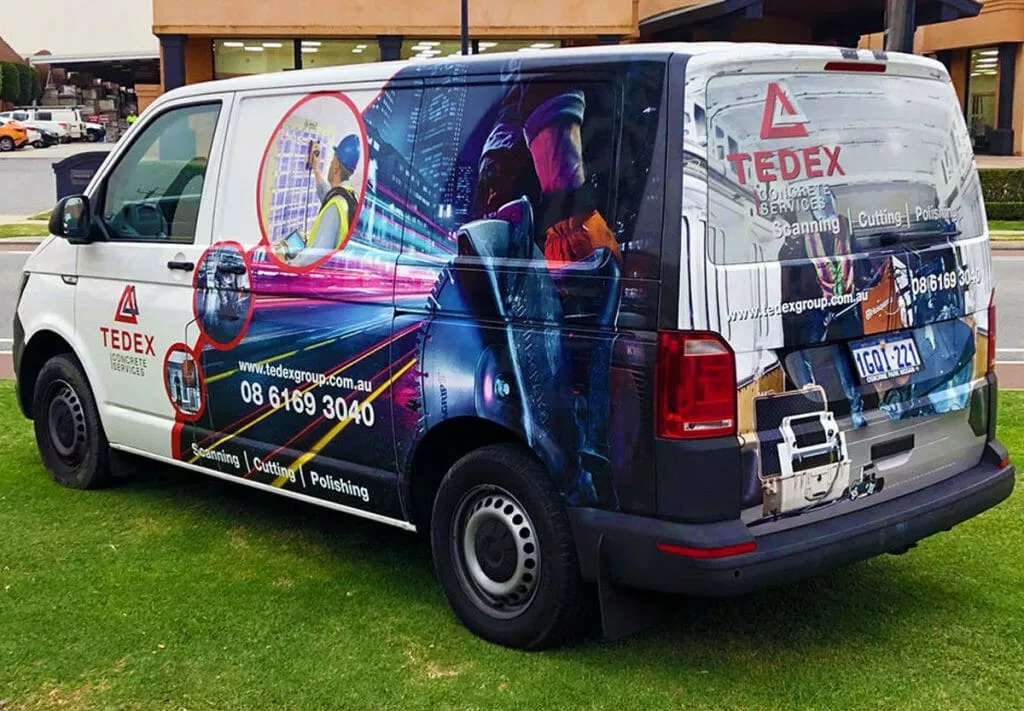 A van with vibrant graphics advertising Tedex Group, showcasing scanning, cutting, and polishing services. The design features a worker in a high-visibility vest, cityscapes, and company contact details.