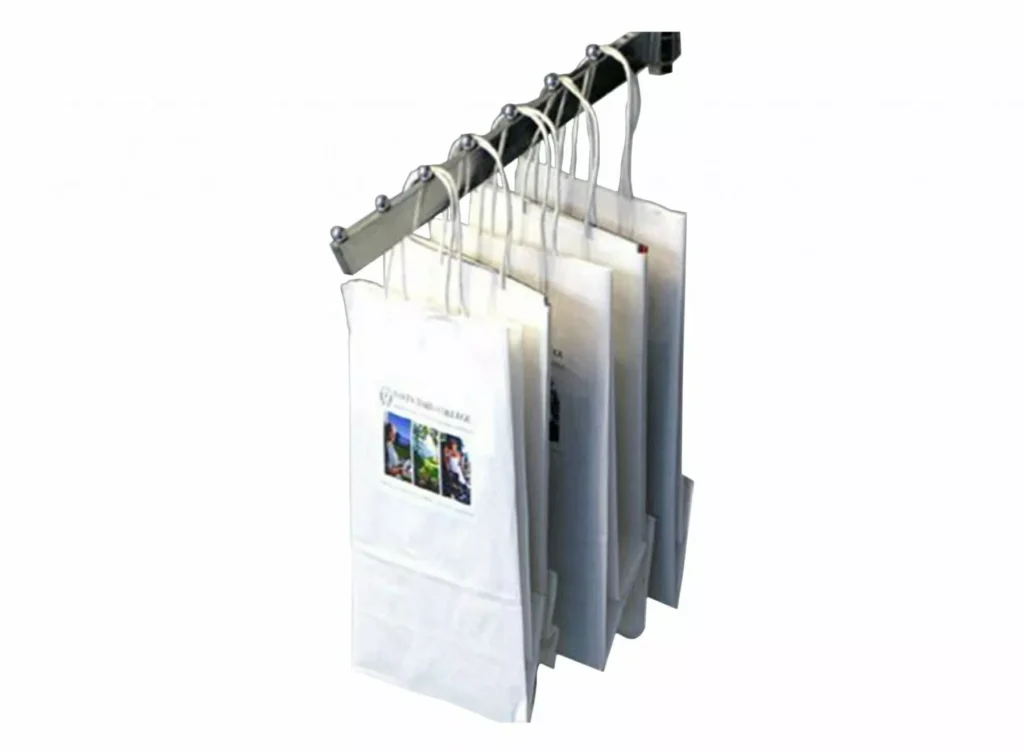 Bag Apparel Rack feature images and text. Image conveys organization and retail setting.