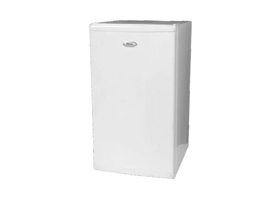 A compact, white mini fridge with a smooth surface, slightly open door, and a subtle brand logo, set against a plain white background.
