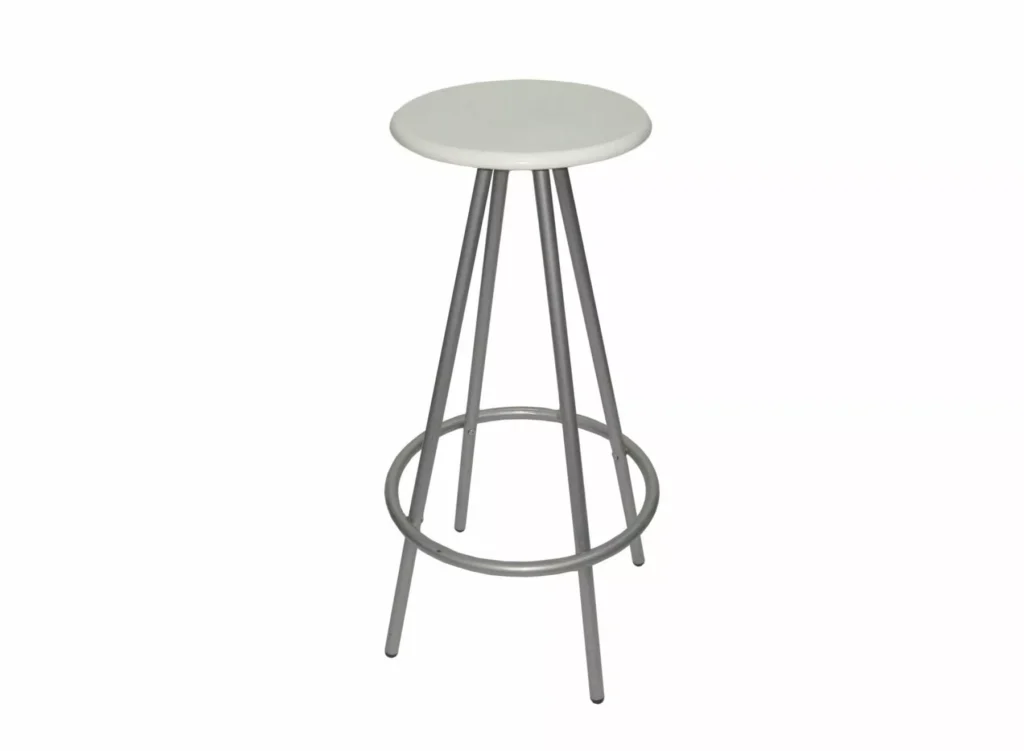 A minimalist bar stool with a white round seat and four slender gray metal legs, converging into a circular footrest