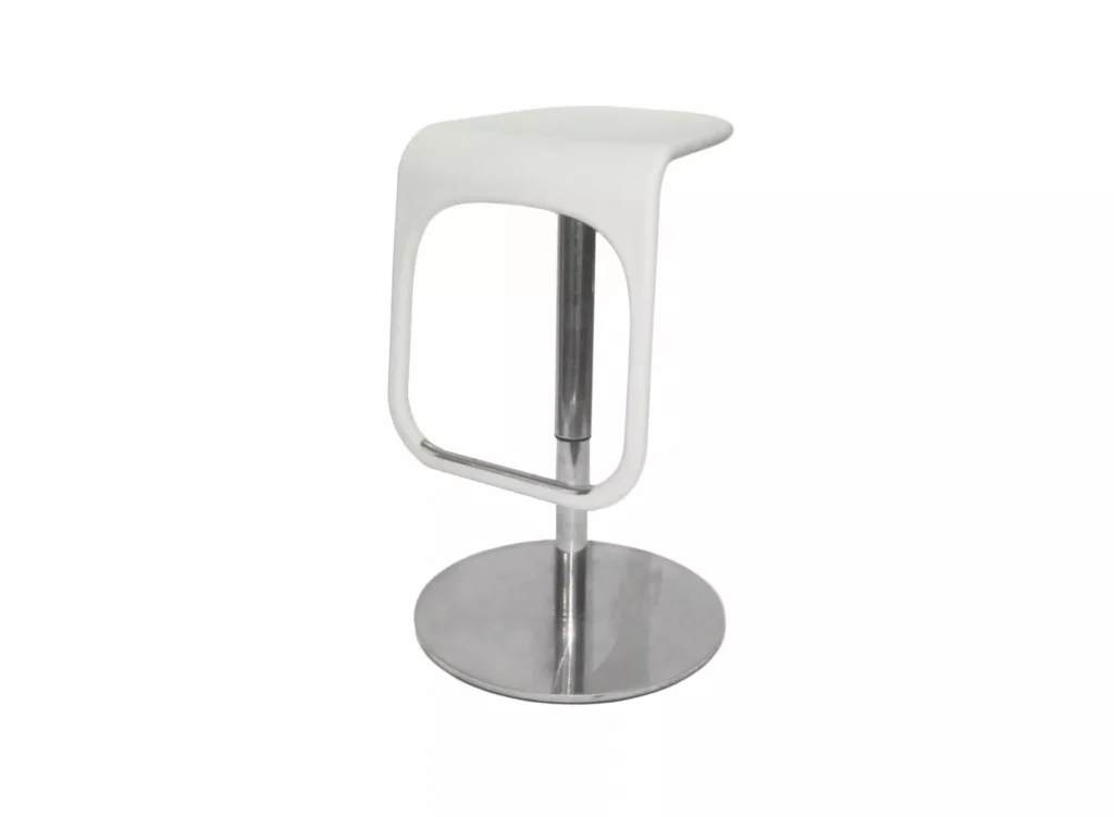 Sleek, modern white bar stool with a minimalist curved seat and a shiny chrome pedestal base, set against a plain white background