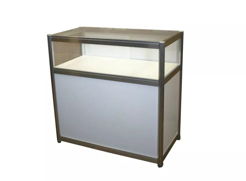 Counter Show case with metal frame and white base, featuring a transparent top and sides