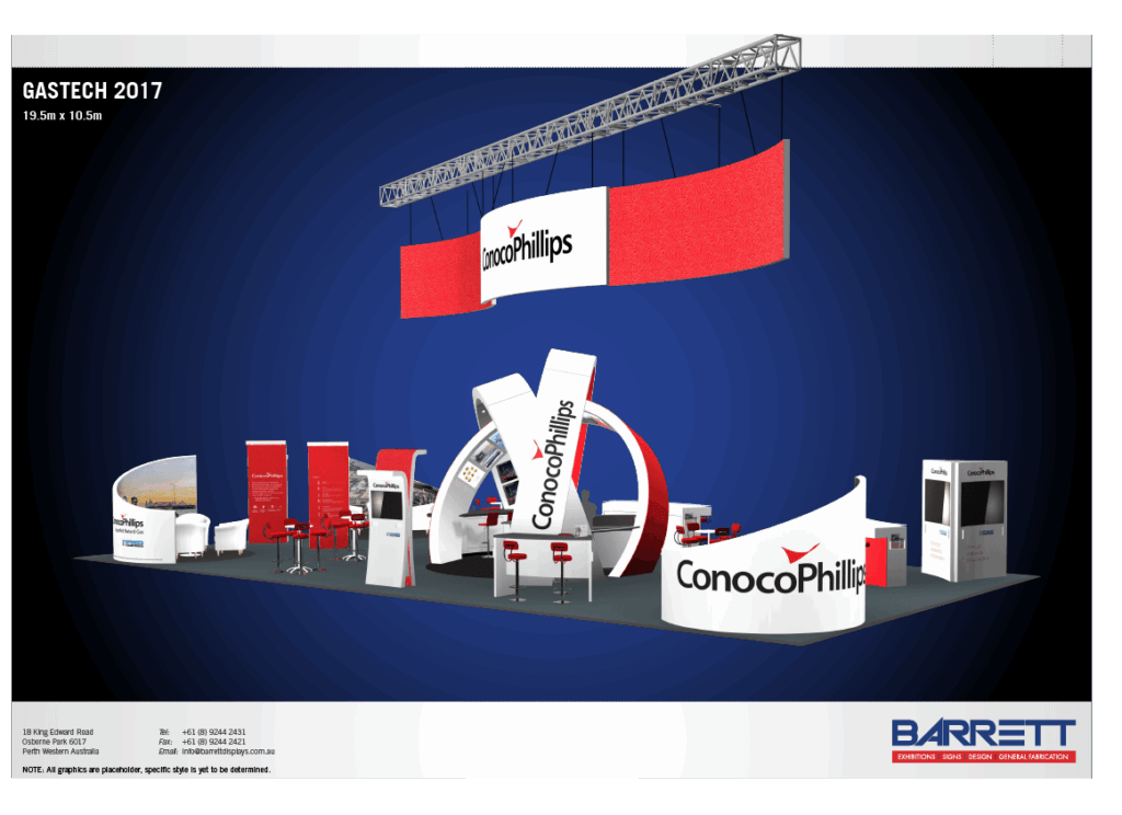 Exhibition booth design for Gastech 2017 featuring a modern ConocoPhillips display with red and white elements, seating areas, and a prominent logo.