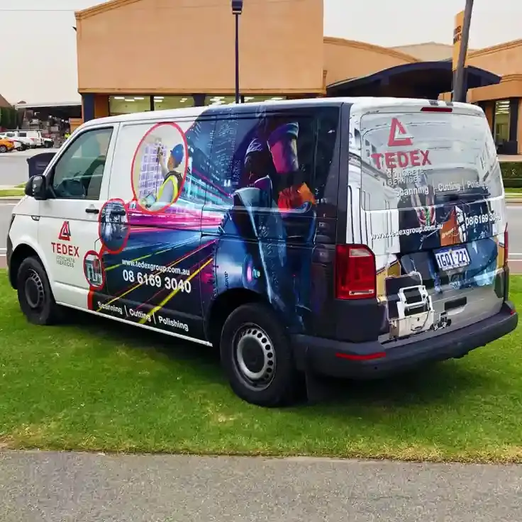 A van parked on grass features vibrant graphics advertising a metal services company. Images show workers and metal structures, conveying a professional tone.
