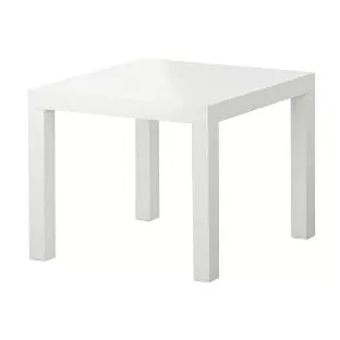 A simple, modern white square side table with four straight legs, against a plain background. Its minimalistic design
