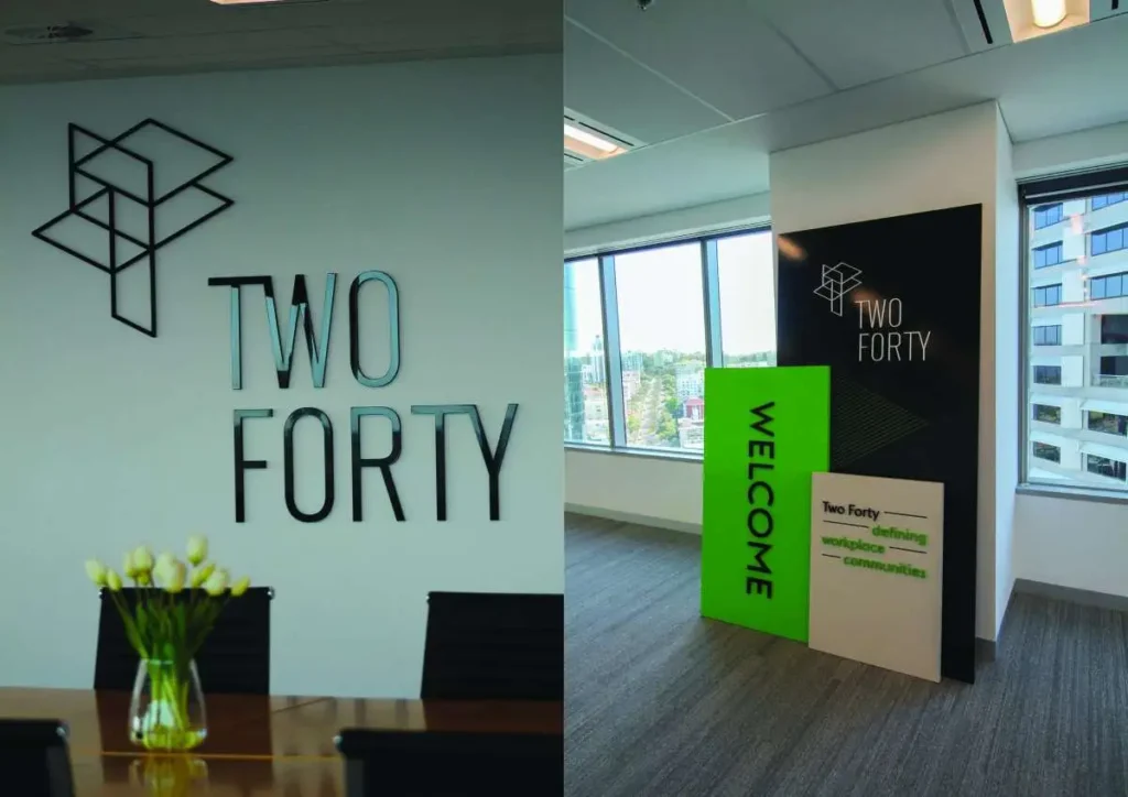 Office interior featuring "Two Forty" wall logos. Left: Modern design with a vase of yellow flowers. Right: Bright "Welcome" sign near large windows.