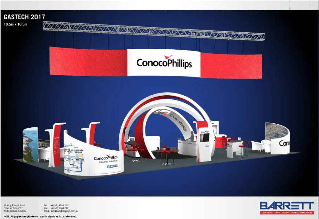 Exhibition booth for ConocoPhillips at Gastech 2017 with red and white arches, seating, and displays. The atmosphere is professional and inviting.