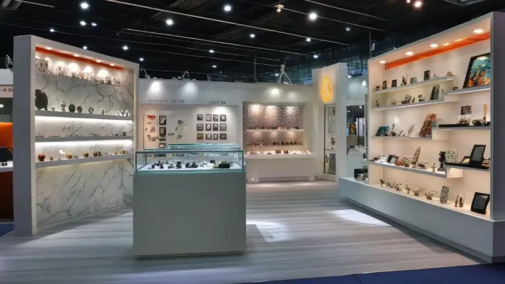 A well-lit exhibition booth displays various artistic items in glass cases and on shelves. The modern, sleek design creates a sophisticated atmosphere.
