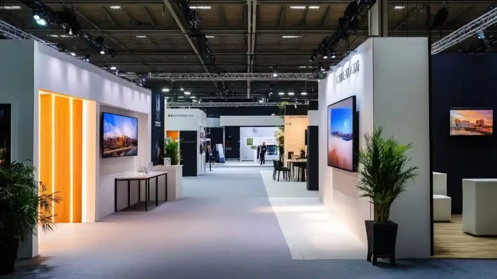 Modern exhibition hall with illuminated booths and digital screens displaying landscapes. Elegant decor, potted plants, open pathway, calm ambiance.