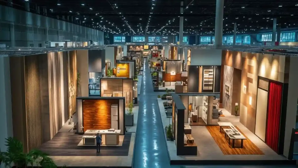 A spacious, brightly lit exhibition hall showcases numerous modern interior design booths with elegant furniture and wall panels, creating an inviting atmosphere.
