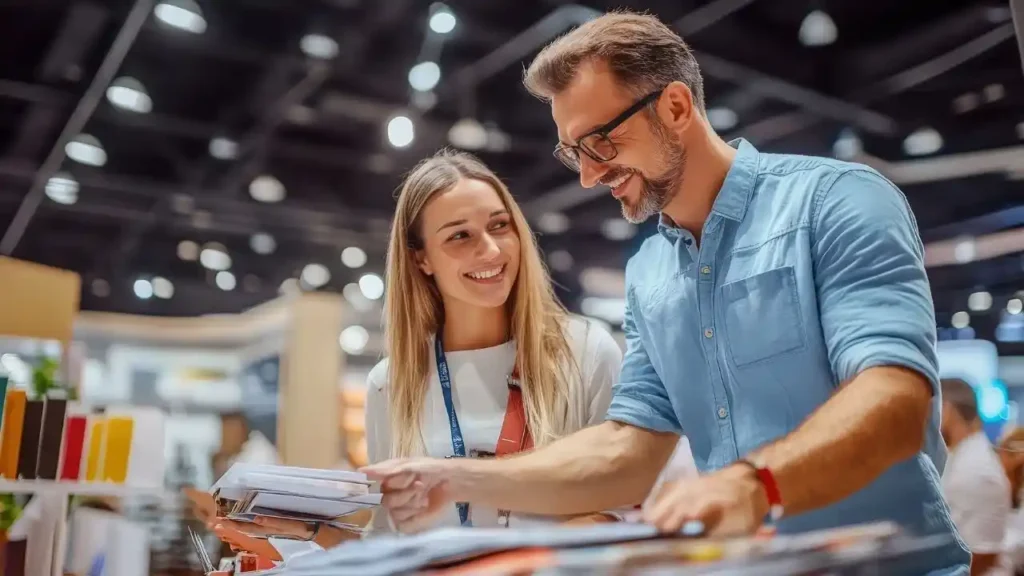 A man and woman smiling and looking at papers together in a brightly lit store. The environment is modern and busy, conveying a cheerful and collaborative mood.