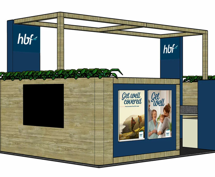 3D render of a booth design for HBF, featuring a wooden structure with plants on top, screens displaying promotional messages "Get well covered" and "Get well," and a dark area for a monitor.