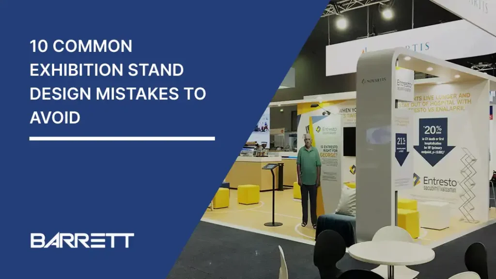Barrett presentation slide titled '10 Common Exhibition Stand Design Mistakes to Avoid' with booth photo