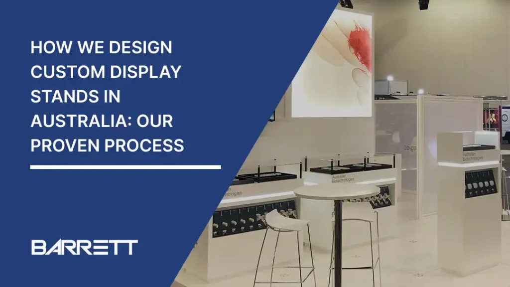 Modern exhibition space featuring white custom display stands and stools, overlaid with text detailing Barrett’s design process for crafting custom display stands in Australia.