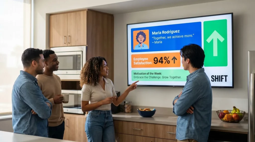Coworkers in an office breakroom looking at an internal digital signage screen showing metrics.