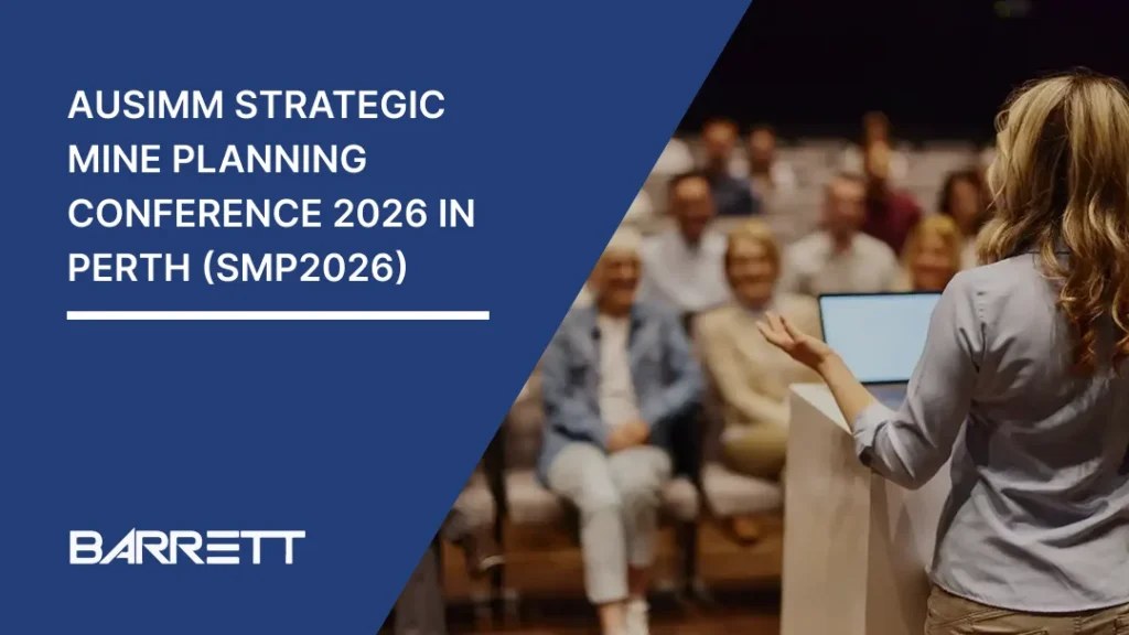 AusIMM Strategic Mine Planning Conference 2026 in Perth (SMP2026) graphic featuring a speaker presenting to an audience