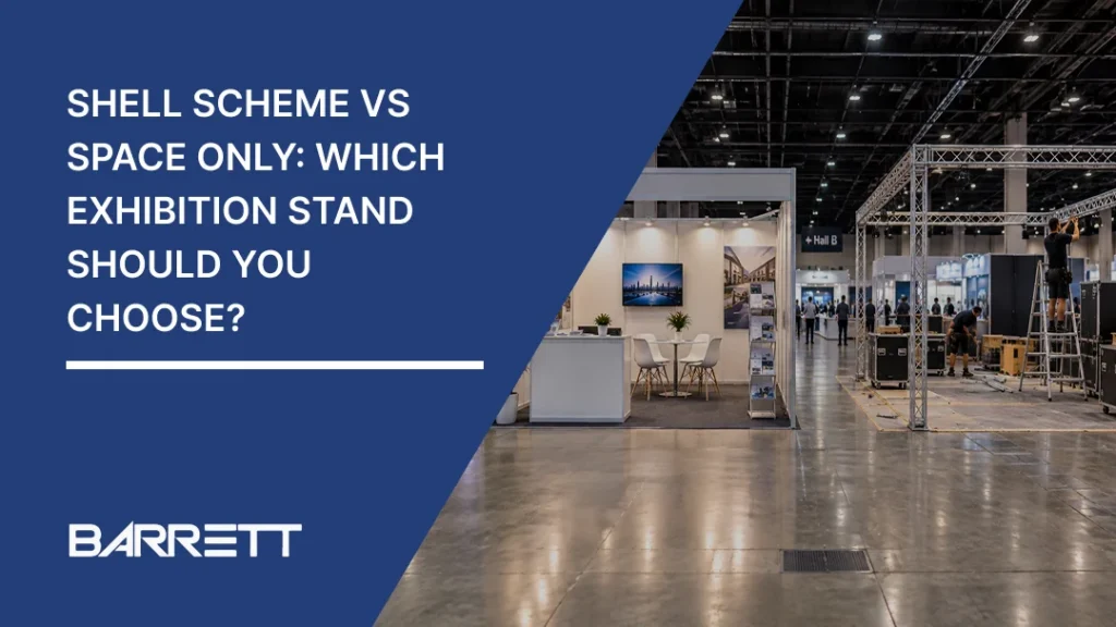 Exhibition hall showing a completed shell scheme stand alongside an open space-only exhibition area under construction, with the comparison title displayed on the graphic.