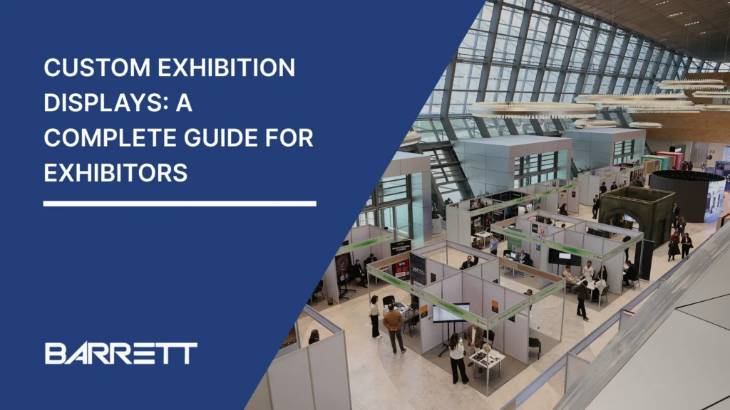 Overview of a trade show exhibition hall featuring multiple exhibition stands, display booths, and business exhibitors.