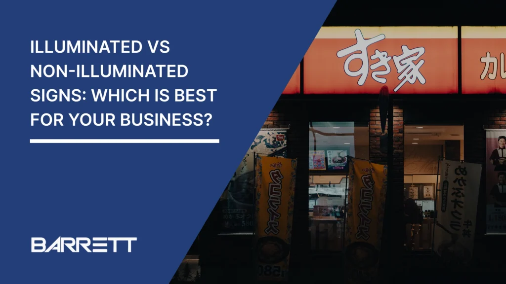 A Japanese restaurant storefront featuring large illuminated orange signage above the entrance, contrasting with darker, non-illuminated exterior signs and banners, illustrating the difference between illuminated and non-illuminated business signage.
